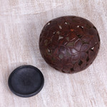 Coconut shell sculpture, 'Jepun Haven' - Coconut Shell Sculpture on Stand with Jepun Flowers Carving