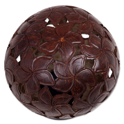 Coconut shell sculpture, 'Jepun Haven' - Coconut Shell Sculpture on Stand with Jepun Flowers Carving