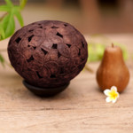 Coconut shell sculpture, 'Jepun Haven' - Coconut Shell Sculpture on Stand with Jepun Flowers Carving