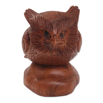 Wood sculpture, 'Midnight Watcher' - Hand Carved Wood Sculpture of an Owl from Indonesia
