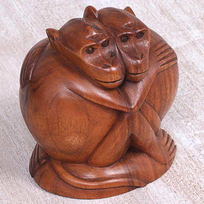Wood sculpture, 'Loving Monkeys' - Hand Carved Sculpture of Two Monkeys from Indonesia