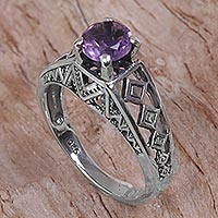 Amethyst cocktail ring, 'Sky Goddess Temple' - 925 Silver Solitaire Ring Artisan Crafted with Amethyst