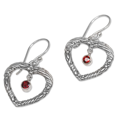 Garnet heart dangle earrings, 'Steal My Heart' - Sterling Silver and Garnet Dangle Earrings from Indonesia