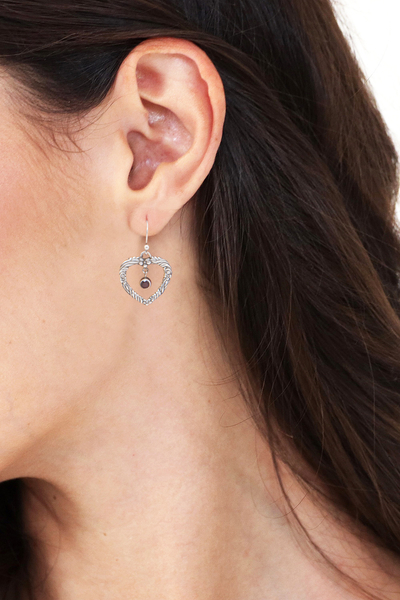 Garnet heart dangle earrings, 'Steal My Heart' - Sterling Silver and Garnet Dangle Earrings from Indonesia