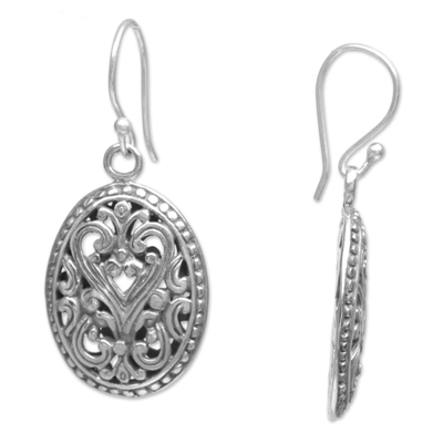 Sterling silver dangle earrings, 'Fern Shield' - Round Sterling Silver Dangle Earrings from Indonesia