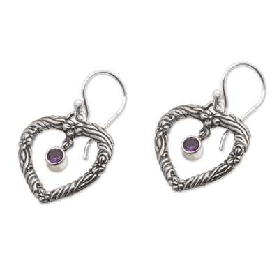 Amethyst heart dangle earrings, 'Steal My Heart' - Amethyst and Sterling Silver Dangle Earrings from Indonesia