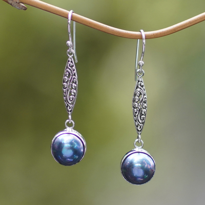 Cultured pearl dangle earrings, 'Twilight Blue' - Cultured Mabe Pearl and Sterling Silver Dangle Earrings