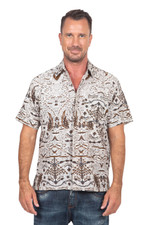 Men's cotton batik shirt, 'Continuous Love' - Men's Brown & White Short Sleeve Cotton Batik Button Shirt