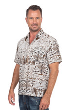 Men's cotton batik shirt, 'Continuous Love' - Men's Brown & White Short Sleeve Cotton Batik Button Shirt
