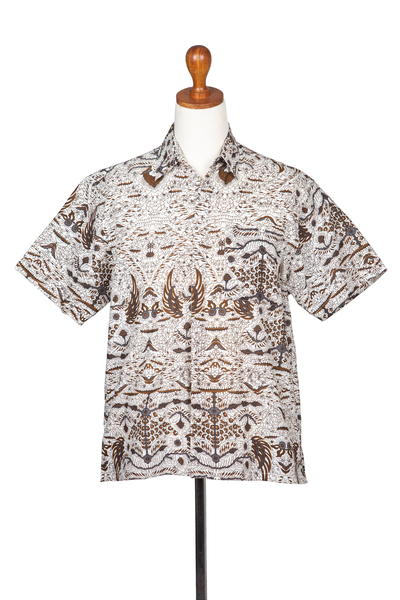 Men's cotton batik shirt, 'Continuous Love' - Men's Brown & White Short Sleeve Cotton Batik Button Shirt