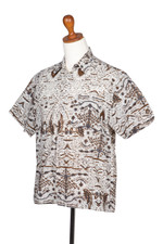 Men's cotton batik shirt, 'Continuous Love' - Men's Brown & White Short Sleeve Cotton Batik Button Shirt