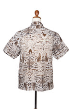 Men's cotton batik shirt, 'Continuous Love' - Men's Brown & White Short Sleeve Cotton Batik Button Shirt