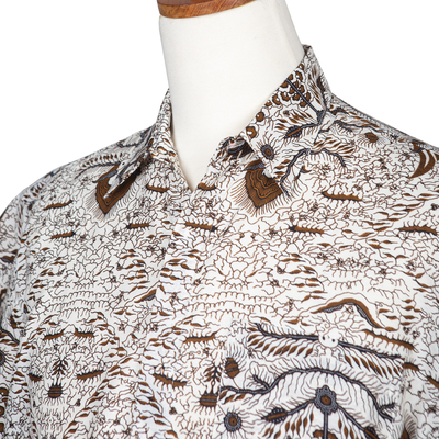 Men's cotton batik shirt, 'Continuous Love' - Men's Brown & White Short Sleeve Cotton Batik Button Shirt
