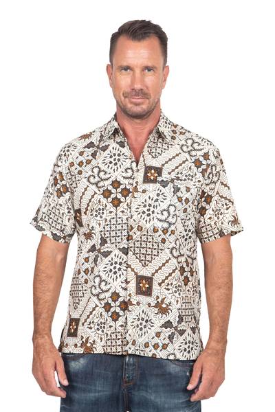 Men's cotton batik shirt, 'Island Kaleidoscope' - Men's Cotton Batik Shirt with Traditional Balinese Motifs