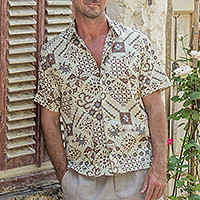 Camisa de algodón batik para hombre, 'Javanese Batik' - Camisa Batik de algodón para hombre hecha a mano con motivos balineses