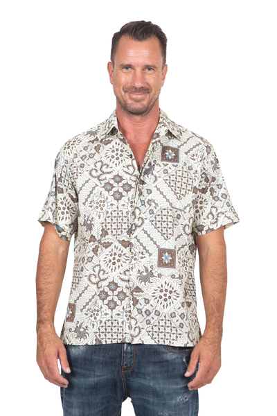 Men's batik cotton shirt, 'Javanese Batik' - Handmade Men's Cotton Batik Shirt with Balinese Motifs