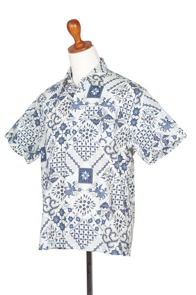 Men's cotton batik shirt, 'Island Batik' - Men's Blue & White Short Sleeve Cotton Batik Button Shirt