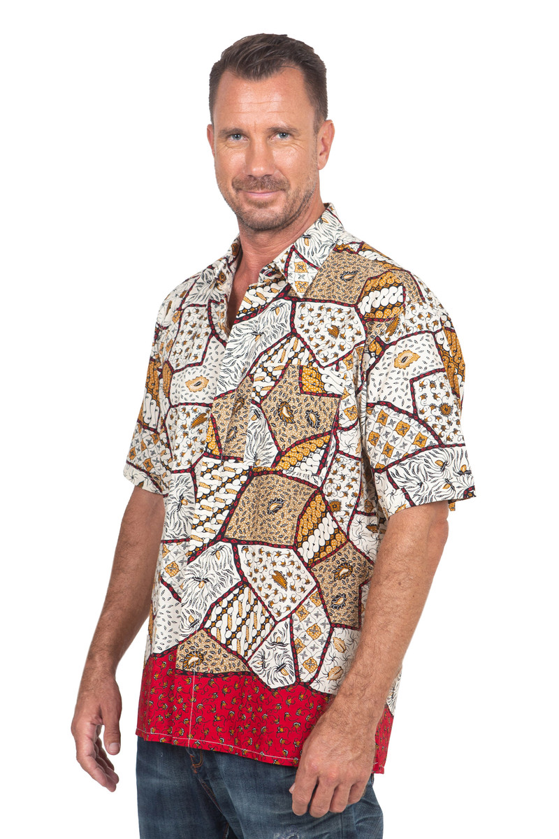 Men's Short Sleeve Cotton Batik Button Shirt with Pocket