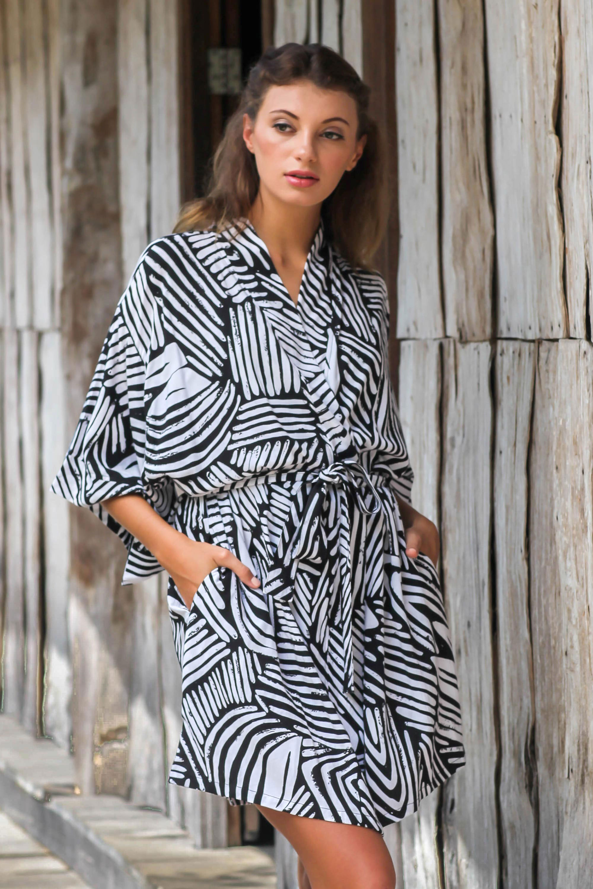 Short Rayon Robe in Black and White from Indonesia - Black Palm | NOVICA