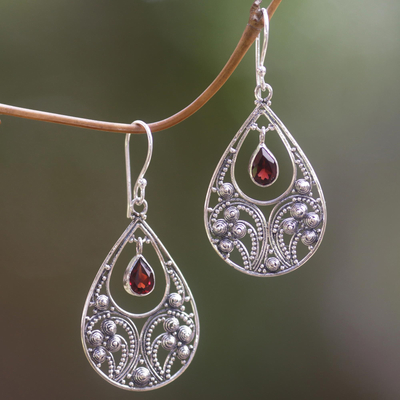 Garnet dangle earrings, 'Bali Crest' - Garnet and Sterling Silver Dangle Earrings from Indonesia