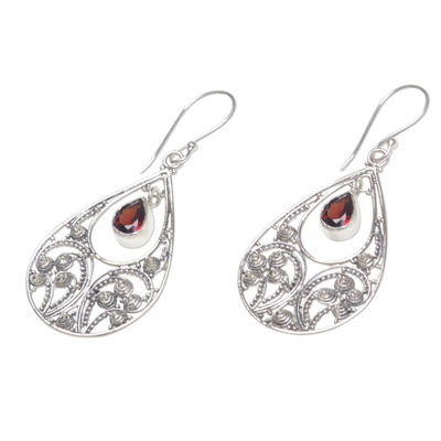 Garnet dangle earrings, 'Bali Crest' - Garnet and Sterling Silver Dangle Earrings from Indonesia