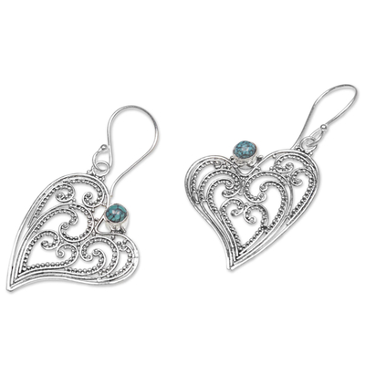 Sterling silver dangle earrings, 'Leaf Heart' - Sterling Silver and Reconstituted Turquoise Dangle Earrings