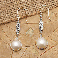 Cultured pearl dangle earrings, 'Moon's Bliss' - Bali Cultured Mabe Pearl and Sterling Silver Dangle Earrings