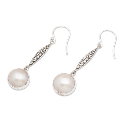 Cultured pearl dangle earrings, 'Moon's Bliss' - Bali Cultured Mabe Pearl and Sterling Silver Dangle Earrings