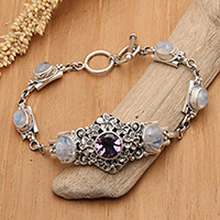 Amethyst and rainbow moonstone pendant bracelet, 'Jepun Goddess' - Amethyst and Rainbow Moonstone Floral Bracelet from Bali