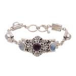 Amethyst and rainbow moonstone pendant bracelet, 'Jepun Goddess' - Amethyst and Rainbow Moonstone Floral Bracelet from Bali