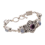 Amethyst and rainbow moonstone pendant bracelet, 'Jepun Goddess' - Amethyst and Rainbow Moonstone Floral Bracelet from Bali