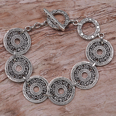 Sterling silver link bracelet, 'Jepun Coin' - Hand Made 925 Sterling Silver Link Bracelet Indonesia
