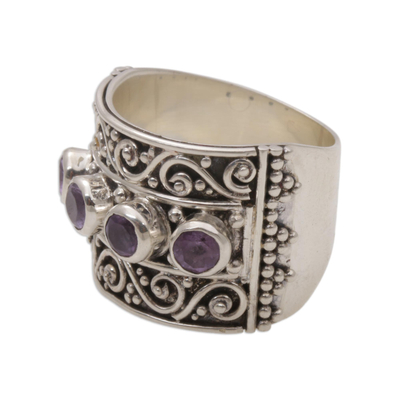 Amethyst cocktail ring, 'Lucky Four' - Amethyst and Sterling Silver Multi-Stone Ring from Bali