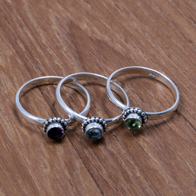 Multi-gemstone stacking rings, 'Trio of Love' (set of 3) - Handmade Multigem Sterling Silver Stacking Ring (set of 3)