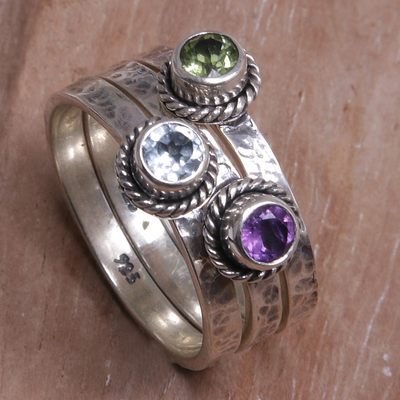 Multi-gemstone stacking rings, 'Abundant Love' (set of 3) - Handmade Multigem Sterling Silver Stacking Ring (set of 3)