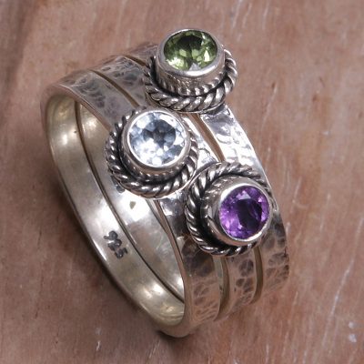 Anillos para apilar con Múltiples piedras preciosas (juego de 3) - Anillo apilable de plata de ley con gemas Múltiple hecho a mano (juego de 3)