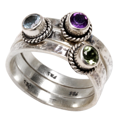 Multi-gemstone stacking rings, 'Abundant Love' (set of 3) - Handmade Multigem Sterling Silver Stacking Ring (set of 3)