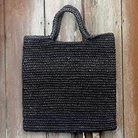 Natural fibers tote bag, 'Tropical Slice in Grey' - Handmade Woven Natural Fibers Grey Tote Bag from Indonesia