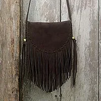 Bolso bandolera flecos ante - Bolso de hombro con flecos de ante marrón espresso estilo bohemio