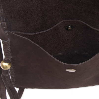 Suede fringe shoulder bag, 'Espresso Mischief' - Bohemian Style Espresso Brown Suede Fringe Shoulder Bag