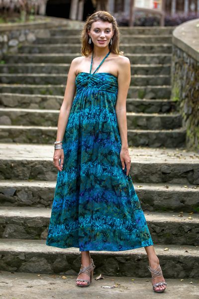 Rayon batik halter maxi dress, 'Kenanga Flower' - Batik Green Blue Floral Rayon Maxi Dress from Indonesia