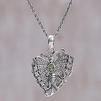 Peridot pendant necklace, 'The Last Butterfly' - Sterling Silver Peridot Butterfly Pendant Necklace from Bali
