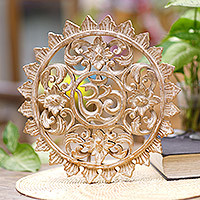 Wood relief panel, 'Blossoming Om' - Hand Carved White Om Wood Wall Decor from Indonesia Artisan