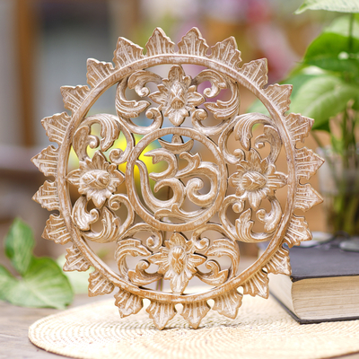 Wood relief panel, 'Blossoming Om' - Hand Carved White Om Wood Wall Decor from Indonesia Artisan