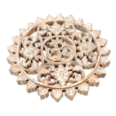 Wood relief panel, 'Blossoming Om' - Hand Carved White Om Wood Wall Decor from Indonesia Artisan