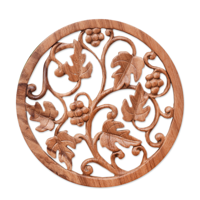 Wood relief panel, 'Grapevine' - Artisan Carved Decorative Wood Relief Panel