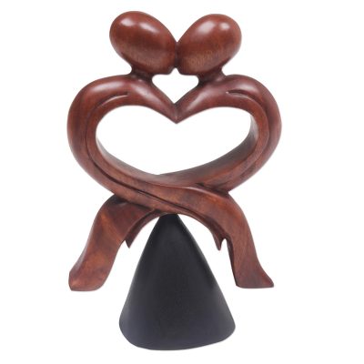 Wood sculpture, 'Mountaintop Kiss' - Hand Carved Wood Sculpture of Lovers Kiss made in Indonesia