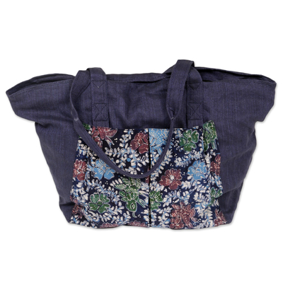 Baumwoll-Batik-Einkaufstasche - Handgefertigte marineblaue Baumwoll-Batik-Tragetasche aus Indonesien