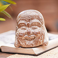 Wood sculpture, 'Buddha Thoughts' - Natural Suar Wood Whitewash Buddha Head Sculpture
