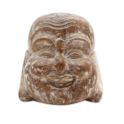 Natural Suar Wood Whitewash Buddha Head Sculpture